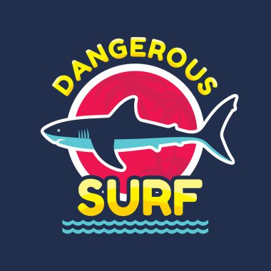 Tehlikeli surf - t-shirt için vektör logo rozet ve diğer baskı üretimi. Köpekbalığı vektör çizim. Tasarım öğesi.