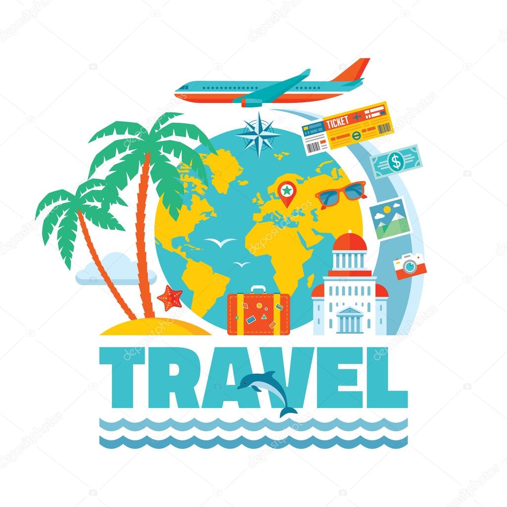 Travel - vector illustration concept in flat design style for presentation, advertising, booklet, poster etc. Travel icons set. Creative layout. Design elements.