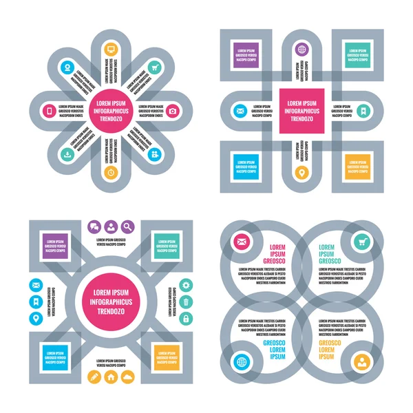 Vier infografische Geschäftskonzepte. vier Vektorschemata mit Symbolen. Designelemente. — Stockvektor