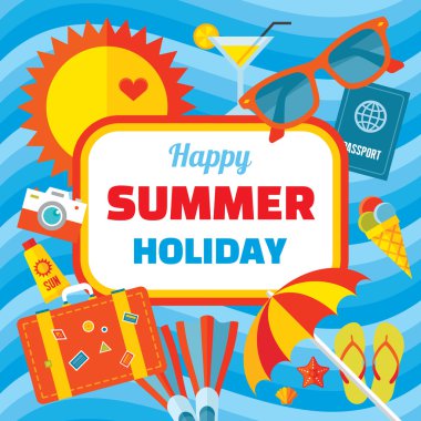 Mutlu yaz tatili - yaratıcı vektör afiş tanıtımı, kitapçık, Web sitesi vb için düz stil tasarım. Yaz işaretleri ayarlayın. Yaz vektör arka plan. Tasarım öğesi.