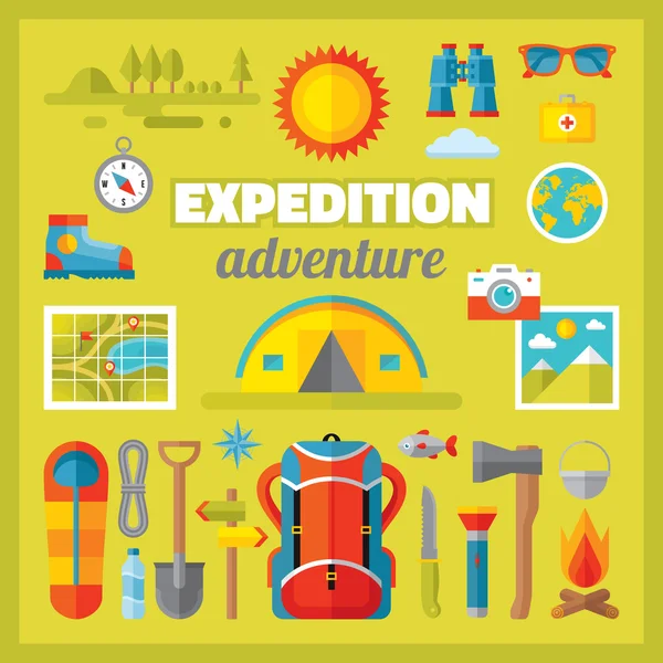 Expedition adventure - vector icons set in flat style design. Summer travel vector signs collection. Tourism flat icons. Camp flat icons. Design elements. — Stock Vector