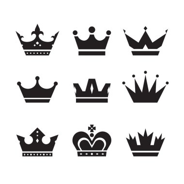 Crown vector icons set. Crowns signs collection. Crowns black silhouettes. Design elements. clipart