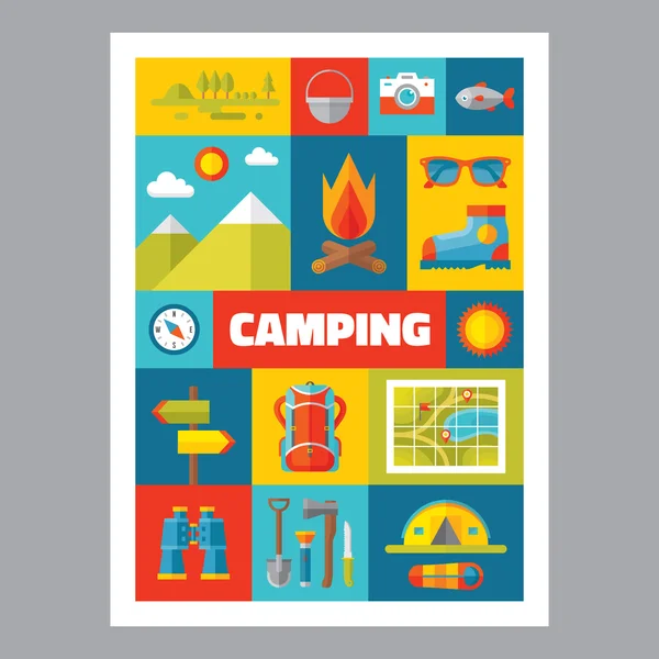 Camping - mosaic poster with icons in flat design style. Vector icons set. Set of summer & travel signs. Summer adventure illustrations. Design elements. — Stock Vector
