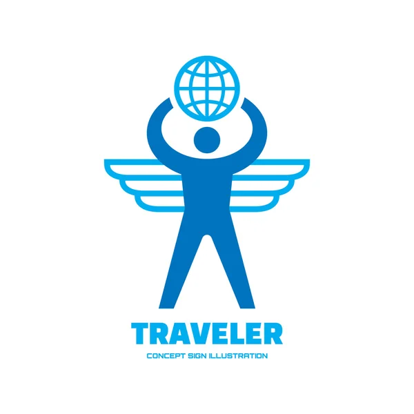 Traveler - människa med vingar och globe - vektor logo begrepp illustration. Begreppet reselogg. Leverans konceptet logotypen. Vektor logo mall. Designelement. — Stock vektor