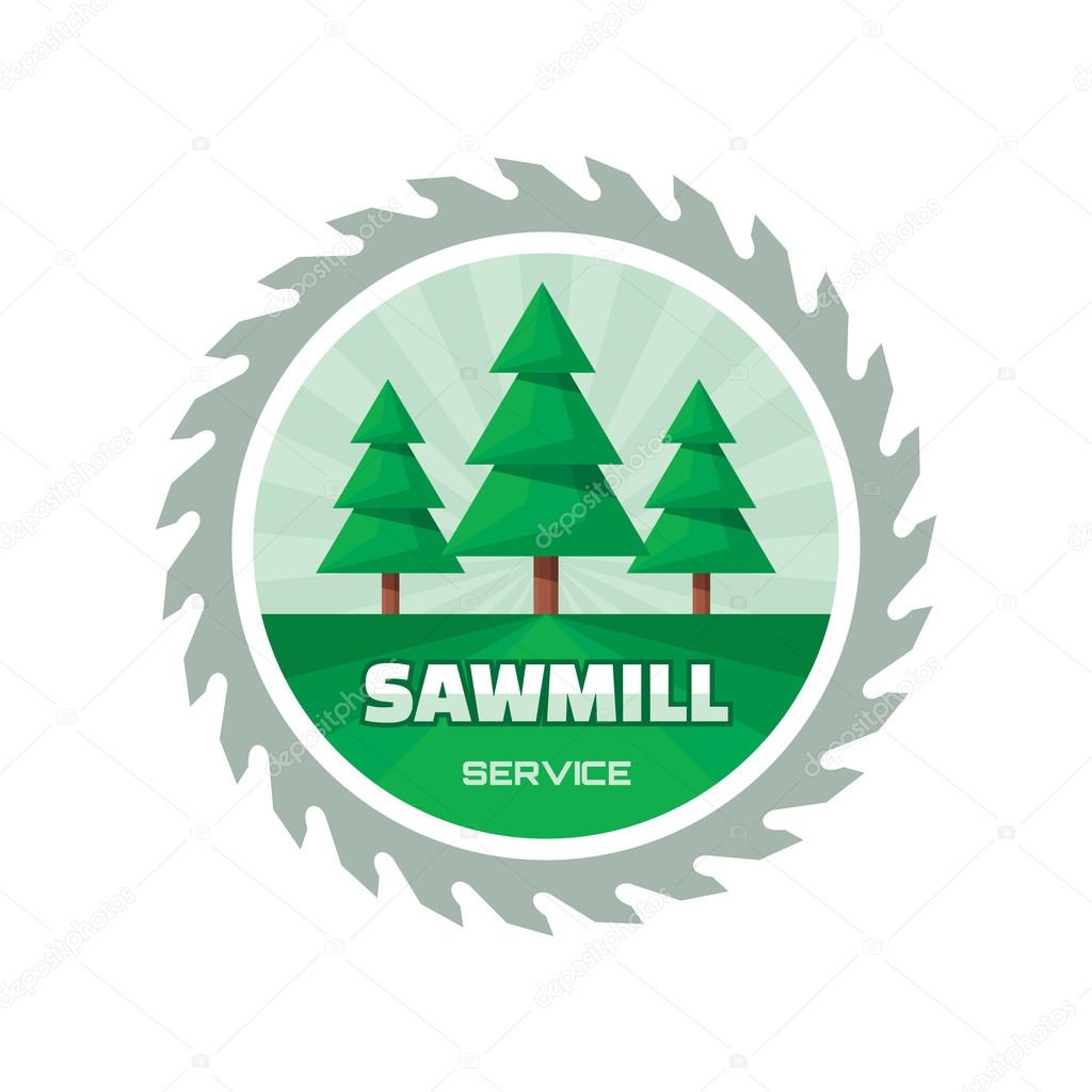 Sawmill service - vector logo concept illustration in flat style design. The disc is a circular saw and pines vector illustration. Sawmill flat badge. Vector logo template. Design element.