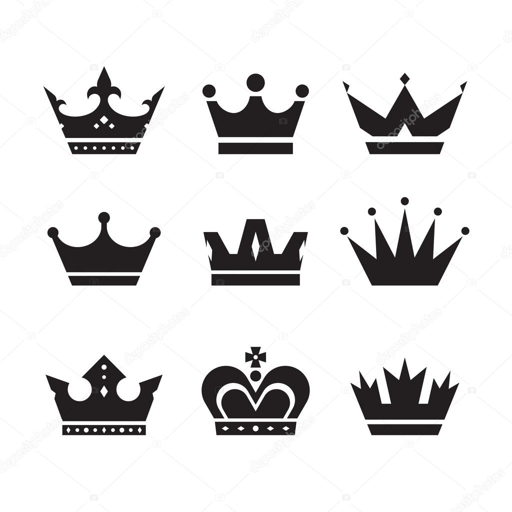 Crown vector icons set. Crowns signs collection. Crowns black silhouettes. Design elements.