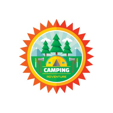 Kamp macerası - vektör rozet çizimde düz stil. Kamp yaz vektör logosu. Vektör logo şablonu. Tasarım öğesi.