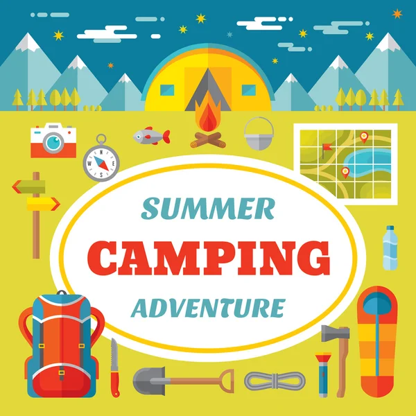 Summer camping adventure - creative vector banner in flat style. Vector icons set. Summer adventure illustrations. Design elements. — Stock Vector