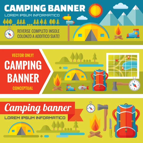 Summer camping - mountain expedition adventures - vector decorative banners set in flat style design trend. Summer camping vector backgrounds. Tourism flat icons. Design elements. — Stock Vector