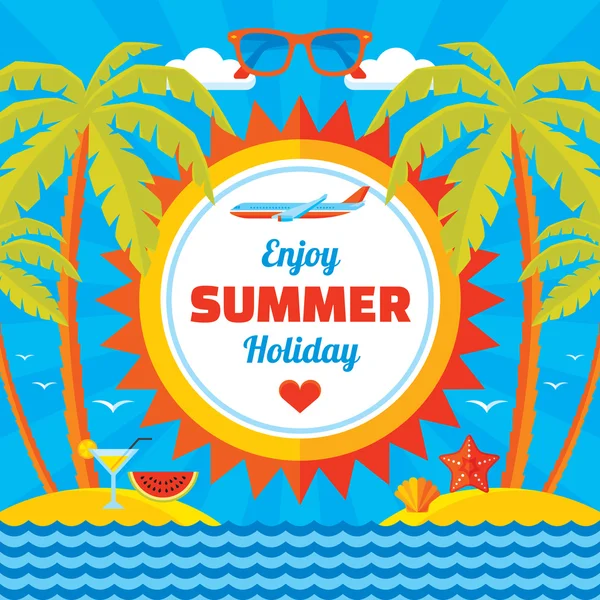 Disfrute de vacaciones de verano - vector banner concepto en estilo plano. Vacaciones de verano vector de fondo. Elementos de diseño . — Archivo Imágenes Vectoriales