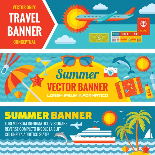 Viagem de verão - banners vetoriais horizontais decorativos definidos na tendência de design de estilo plano. Verão viagens vetor fundos. Verão, viagens e transporte ícones planos. Elementos de projeto . — Vetor de Stock