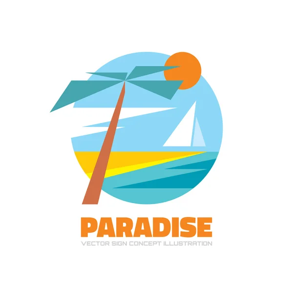 Paradies - Vektor-Logo kreative Illustration in flachem Stil. Reisekonzept Illustration für Plakat. Meer, Insel, Sonne, Palme, Strand, Segelboot. vektorgeometrische Logo-Vorlage. Gestaltungselement. — Stockvektor