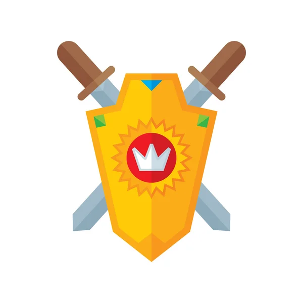 盾と剣 - フラット スタイルのベクトルのロゴ創造的な図。太陽のシールドし、王冠します。ゲーム、ポスターなどのデザイン要素. — ストックベクタ