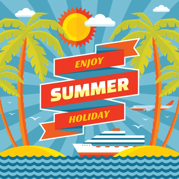 Disfrute de vacaciones de verano - vector banner concepto en estilo plano. Vacaciones de verano vector de fondo. Elementos de diseño . — Archivo Imágenes Vectoriales