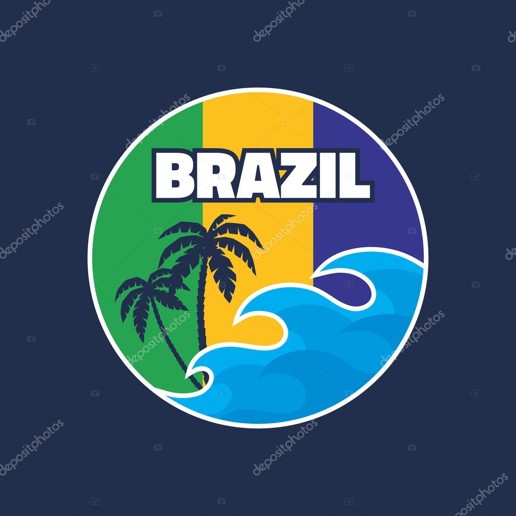 Brazil - vector illustration concept in vintage graphic style for t-shirt and other print production. Palms, wave and background in color of brazilian flag. Badge logo design.