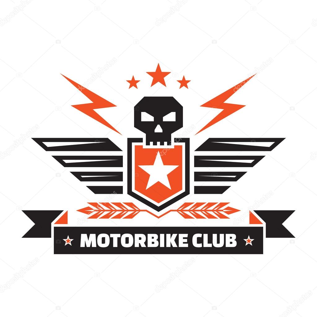 Motorbike club - vintage badge - skull, shield, wings, lightings, ears, stars, ribbon. Creative vector badge design.