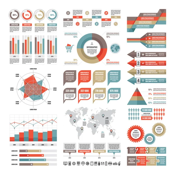 Conceito de infográfico de negócios - conjunto vetorial de elementos infográficos em estilo de design plano para apresentação, livreto, site etc. Um grande conjunto de infográficos. Coleção de infográficos. Conjunto de ícones vetoriais . — Vetor de Stock