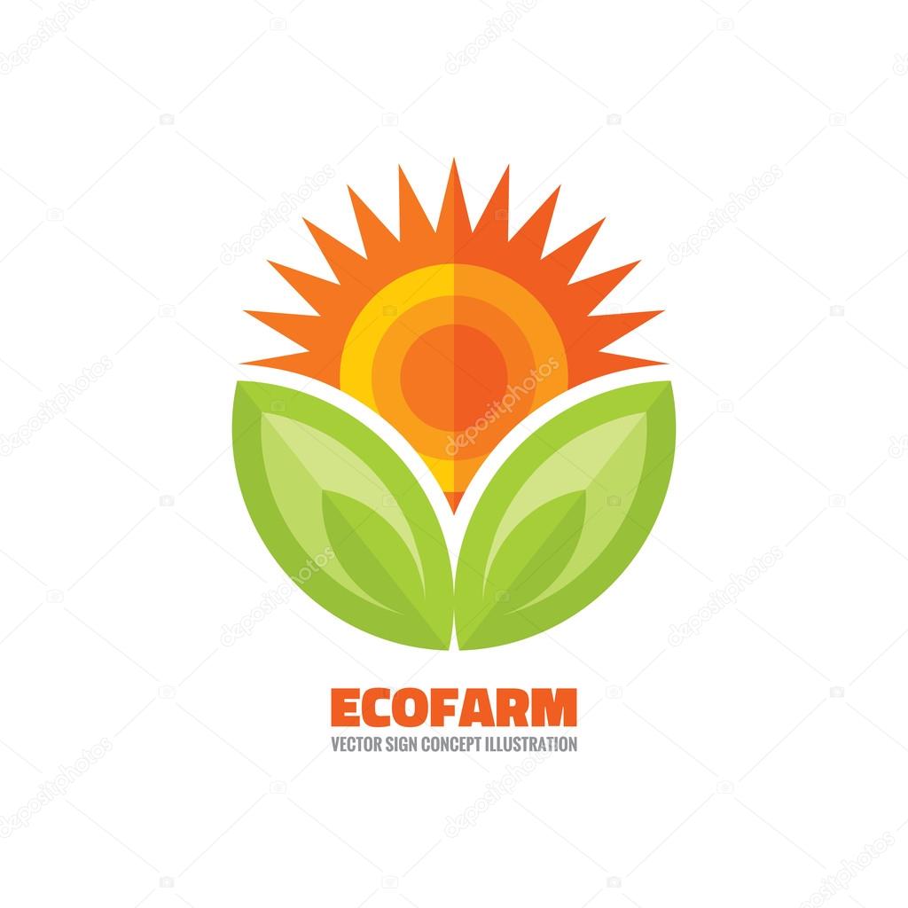 Ecofarm -vector logo concept illustration. Ecological farm creative logo. Organic fresh product logo. Sun and leaves vector sign. Sunflower symbol illustration. Vector logo template.