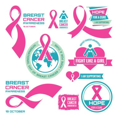 19 October - International Day of Breast Cancer - creative vector badges set. Breast cancer awareness. Hope for a cure. I am supporting. Pink ribbon sign. Vector badges collection. Design elements. clipart