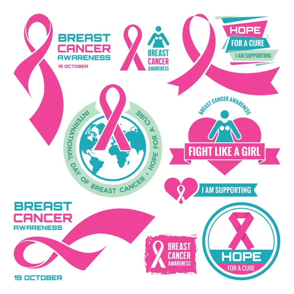 19 de octubre - Día Internacional del Cáncer de Mama - set de insignias vectoriales creativas. Concientización sobre el cáncer de mama. Espero una cura. Estoy apoyando. Signo de cinta rosa. Colección de insignias vectoriales. Elementos de diseño . — Vector de stock