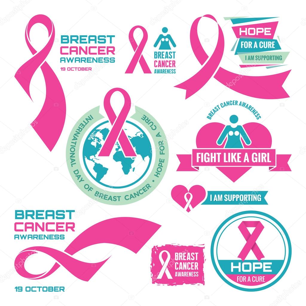 19 October - International Day of Breast Cancer - creative vector badges set. Breast cancer awareness. Hope for a cure. I am supporting. Pink ribbon sign. Vector badges collection. Design elements.