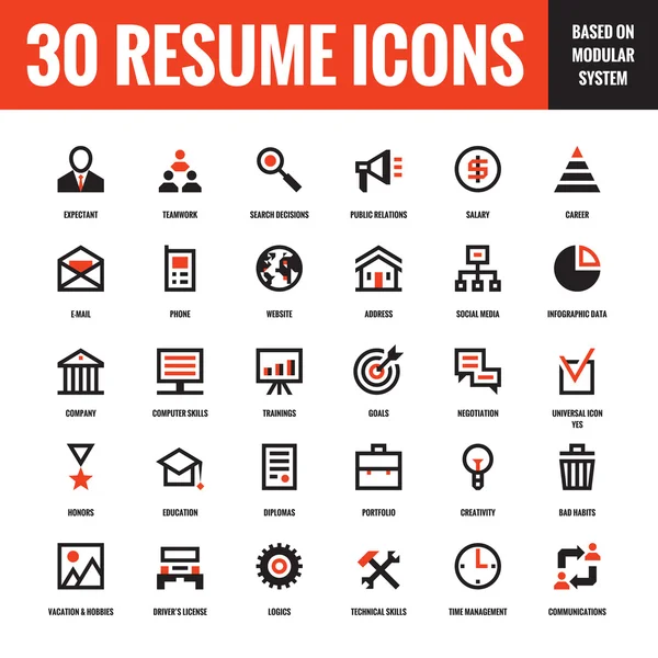 30 resume creative vector icons based on modular system. Set of 30 business concept vector icons for resume, presentation, website and other design and business project. Design elements. — Stock Vector