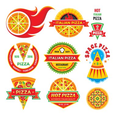 Pizza - vektör rozetleri küme. Pizza - vektör toplama Etiketler. Pizza - vektör logolar set. Pizza - lokanta vektör çizimler.