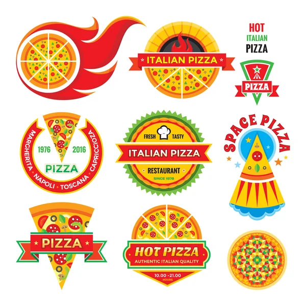 Pizza - vektor jelvények készlet. Pizza - vektor címkék gyűjtemény. Pizza - vektoros logók készlet. Pizza - gyorsétterem vektor illusztrációk. — Stock Vector