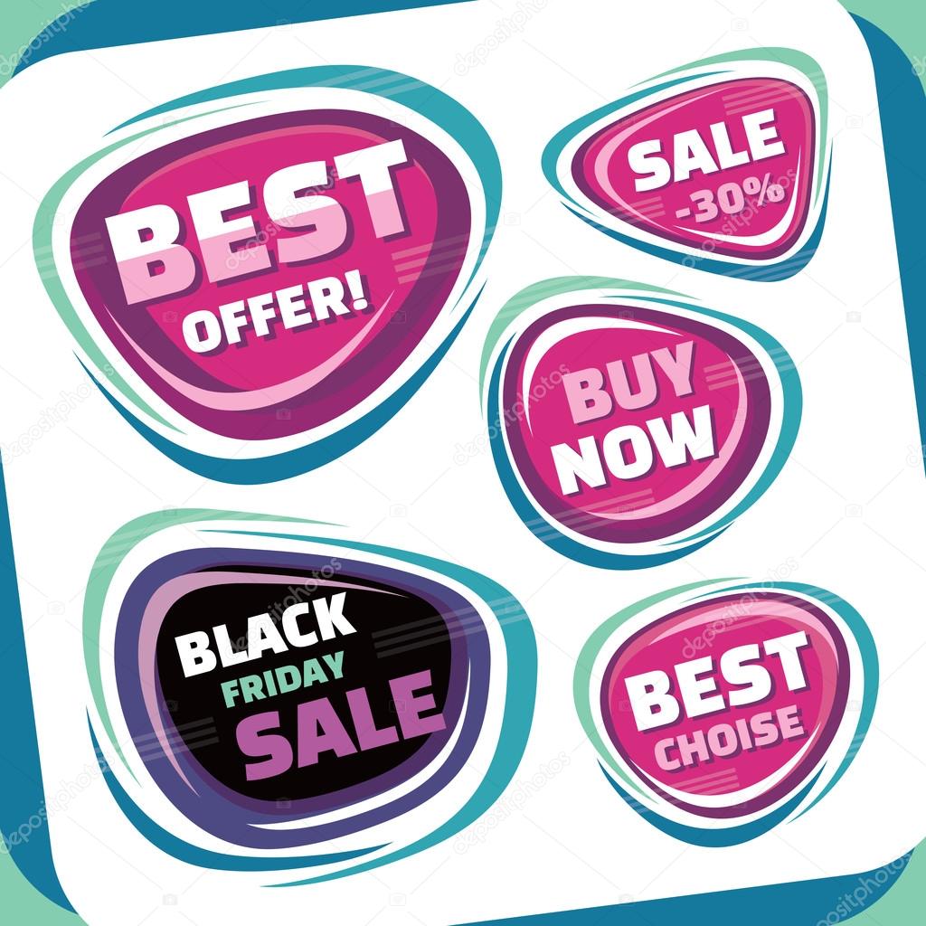 Sale - vector badges collection. Abstract sale badges set. Black Friday abstract badge. Best offer badge. Abstract retro labels, stickers and badges. Vector abstract background. Design element.