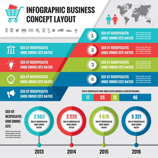 Conception d'infographie d'entreprise mise en page dans un style de conception plat pour la présentation, livret, site Web et autres projets de conception. Modèle d'infographie vectorielle. Éléments infographiques . — Image vectorielle