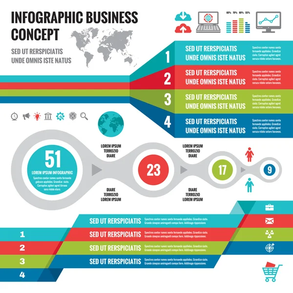 Business infographic concept layout in flat design style for presentation, booklet, website and other design projects. Vector infographic template. Set of infographics elements. — Stockvector