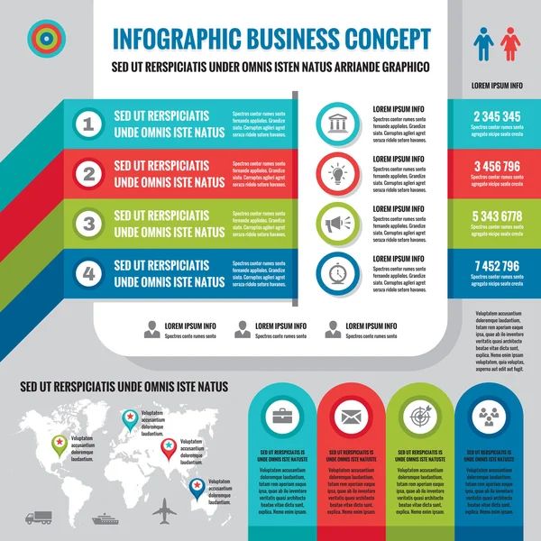 Business infographic concept layout in flat design style for presentation, booklet, website and other design projects. Vector infographic template. Set of infographics elements. — Wektor stockowy