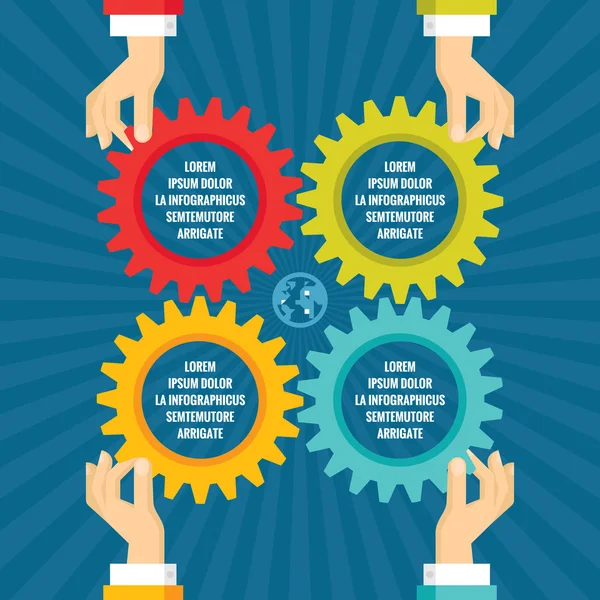 Human hands with colored gears - infographic business concept - vector concept illustration in flat style design for creative projects. Cogwheels Infographic. — Διανυσματικό Αρχείο