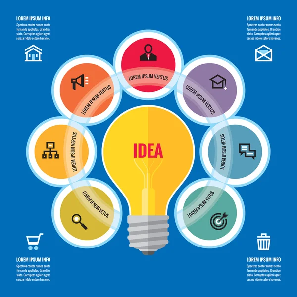 Infographic business concept - creative idea illustration - vector yellow lamp and colored circles with icons for presentation, booklet, website etc. — Stok Vektör