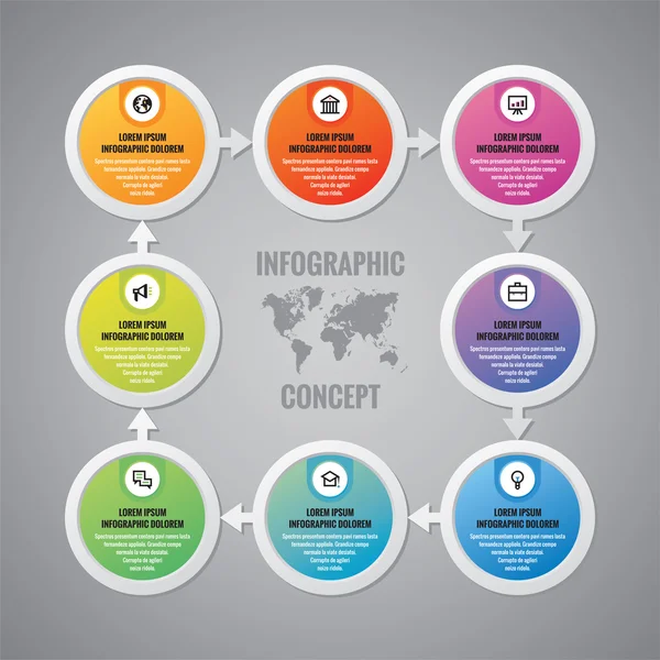 Conceito de negócio infográfico - layout vetorial. Círculos, setas, ícones e mapa do mundo. Elementos de design de infográficos . — Vetor de Stock