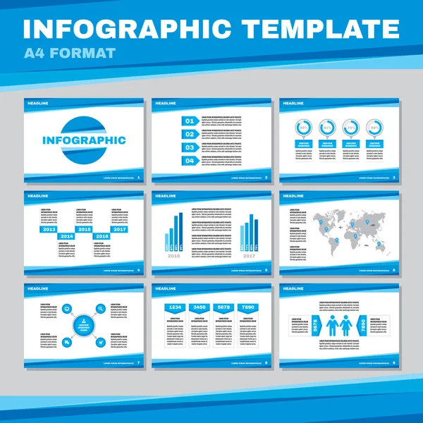 Infographic template in A4 format in blue color. Infographic vector pages in A4 format. Business presentation on A4 pages. Infographic design elements. Big set of infographics elements. — Stock Vector