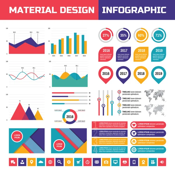 Vettore infografico aziendale impostato in stile di progettazione dei materiali. Elementi di infografica aziendale. Infografica in stile piatto. Infografica elementi vettoriali, grafica, sfondi, mappe del mondo, set icone . — Vettoriale Stock