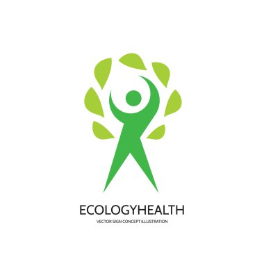 Ecology vector logo concept illustration. Health logo. Healthcare logo. Wellness logo sign. Nature logo. Human character with green leafs logo. Vector logo template. Design element.