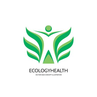 Ecology vector logo concept illustration. Health logo. Healthcare logo. Wellness logo sign. Nature logo. Human character with green leafs logo. Vector logo template. Design element.
