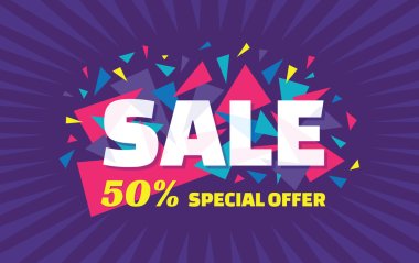 Concept vector banner - special offer - 50% sale. Sale banner with abstract triangle elements. Sale abstract background. Super big sale creative layout. Sale horizontal geometric banner template. clipart