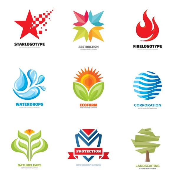 Logotipo vector conjunto - ilustraciones creativas. Colección de logotipos. Diseño del logo vectorial. Estrella, agua, llama, fuego, abstracto, naturaleza, hojas, flor, árbol, escudo, logotipo. Plantilla de logotipo vectorial. Elementos de diseño . — Vector de stock