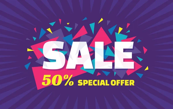 Concept vector banner - special offer - 50% sale. Sale banner with abstract triangle elements. Sale abstract background. Super big sale creative layout. Sale horizontal geometric banner template. — ストックベクタ