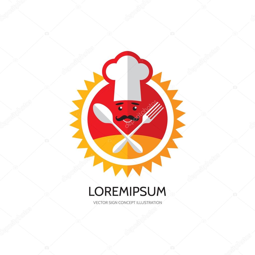 Kitchen, cafe, restaurant, food - vector logo concept illustration. Chef hat, mustache, fork, spoon and sun illustrations. Sunny kitchen logo. Sunny food logo. Vector logo template. Design elements.