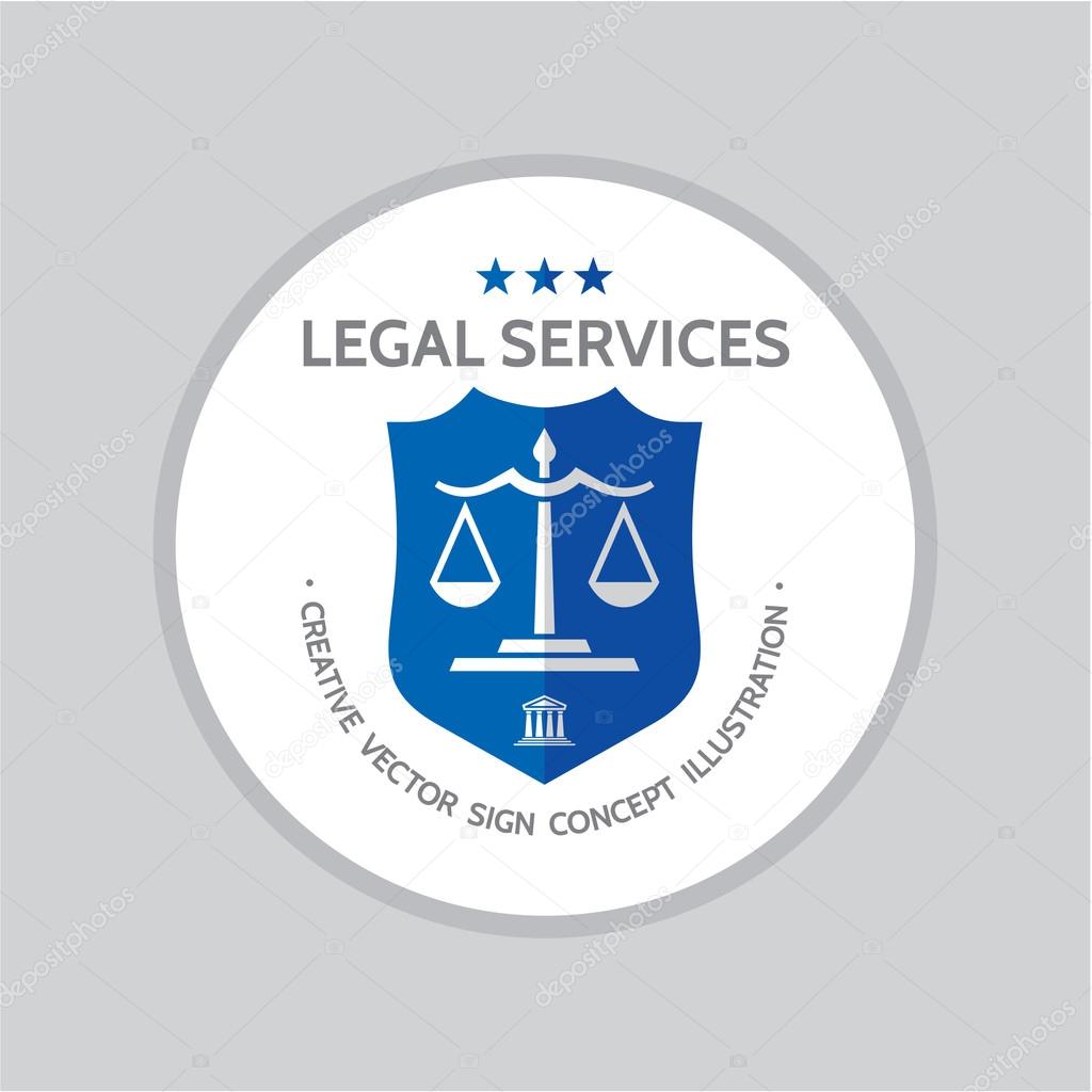 Legal service - vector logo concept illustration in classic graphic line style. Law logo icon. Legal logo icon. Scales logo icon. Court of justice illustration. Scales of justice icon.