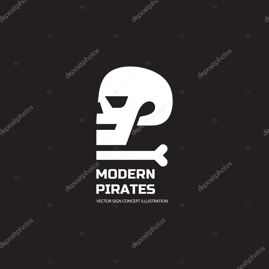 Modern pirates - vector logo concept illustration. Skull vector logo. Death logo. Dead sign. Skeleton sign. Human skull in profile - vector concept sign. Halloween sign. Jolly Roger modern sign.