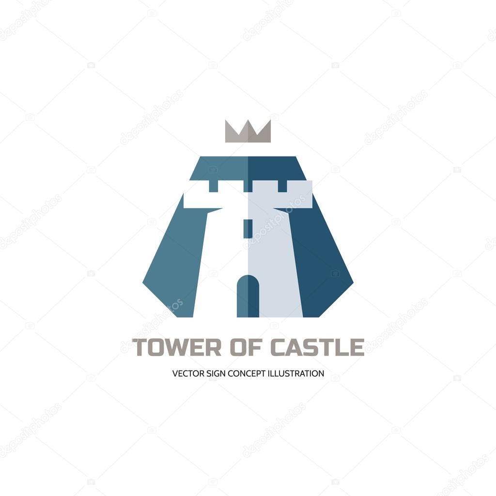 Tower of castle - vector logo concept illustration in flat style design. Abstract tower of castle and crown sybol vector illustration. Antivirus logo. Protection logo. Vector logo template.