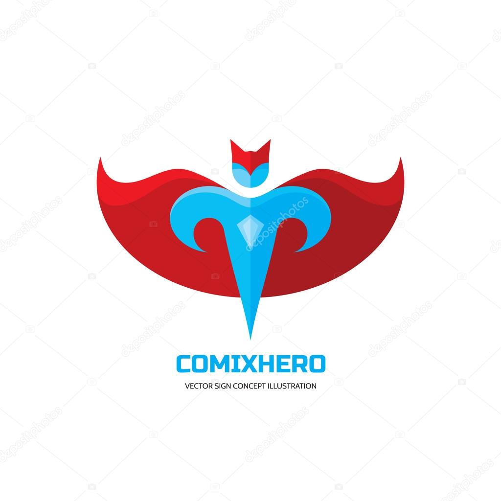 Comix hero - vector logo concept in flat style design. People character. Hero logo. Super logo. Flying man. Human logo. Human icon. Human character illustration. Design element.