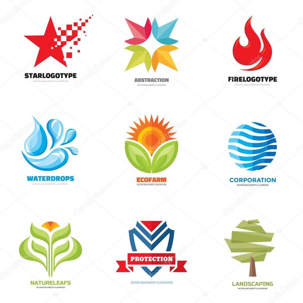 Logo vector set - creative illustrations. Logo collection. Vector logo design. Star, water, flame, fire, abstract, nature, leafs, flower, tree, shield, logo. Vector logo template. Design elements.