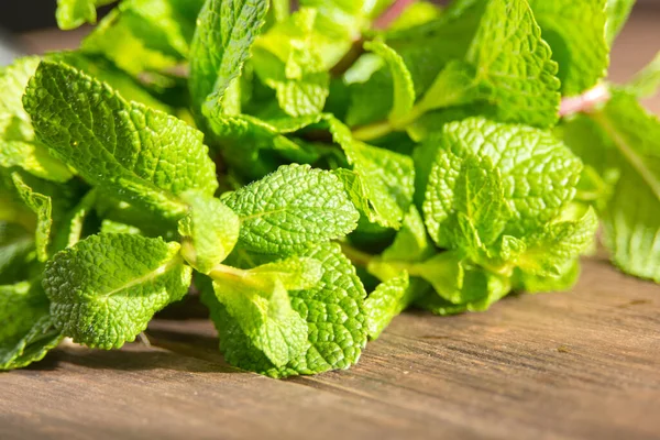 Daun Mint Hijau Segar Close Pada Latar Belakang Gelap Kayu — Stok Foto