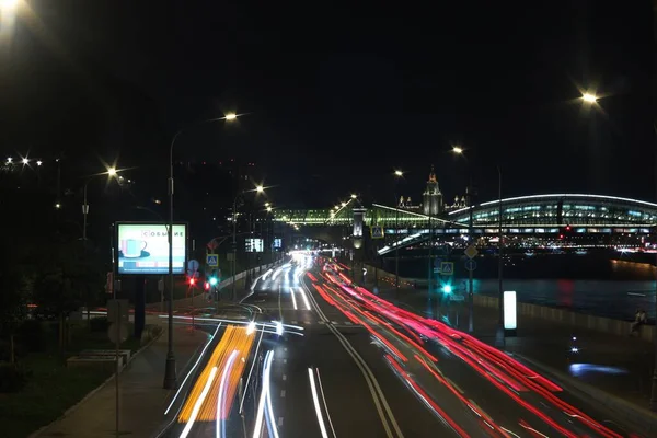 Stad Moskou 2021 Nachtlampje Van Koplampen Bogdan Khmelnitsky Bridg — Stockfoto